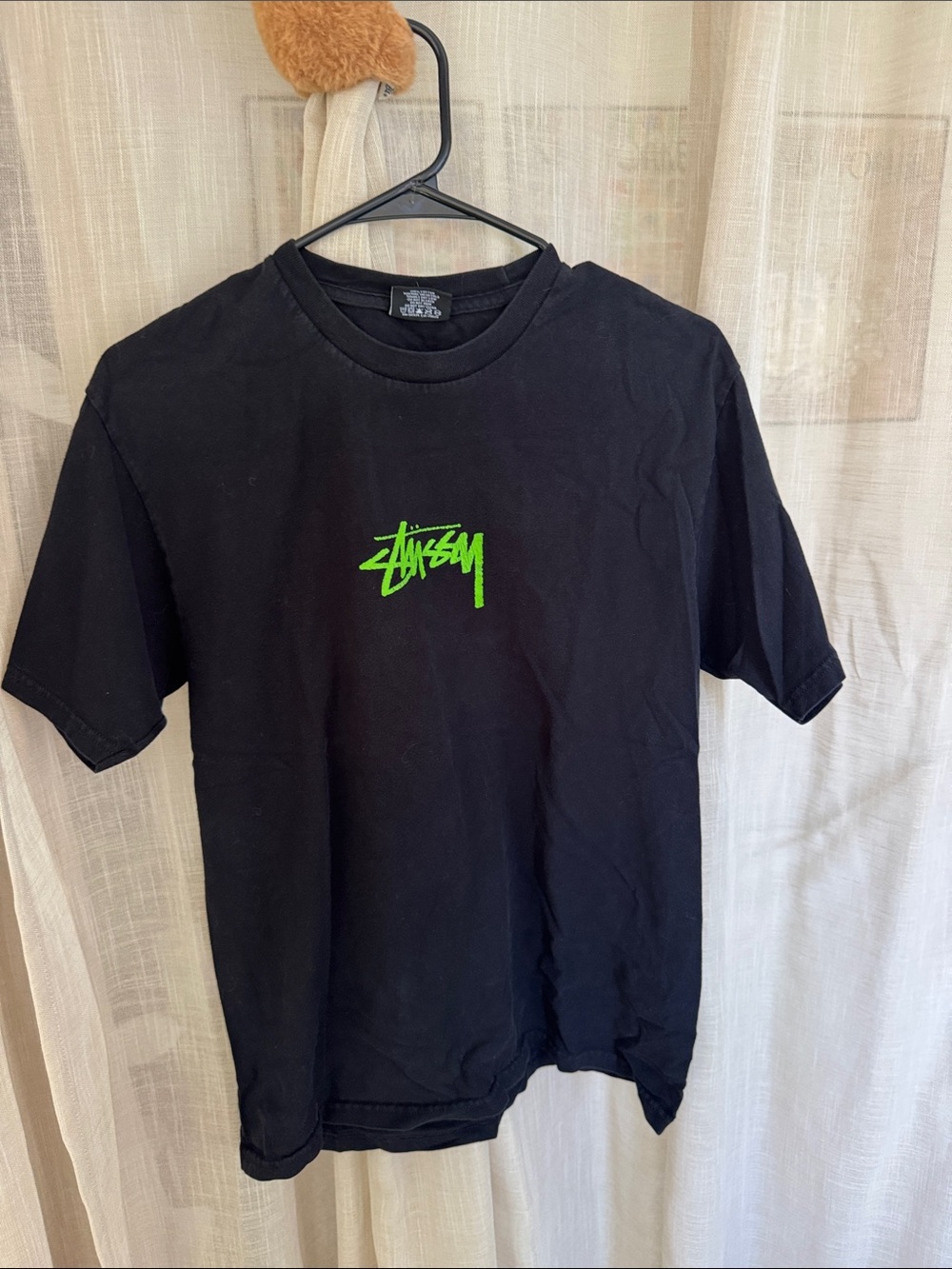 Stussy Black T-Shirt with Neon Green Logo - Men's Casual Tee